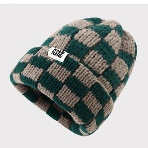 Nabe Nara Green Cream Checkered Beanie Knit Cuffed Hat New Without Tags